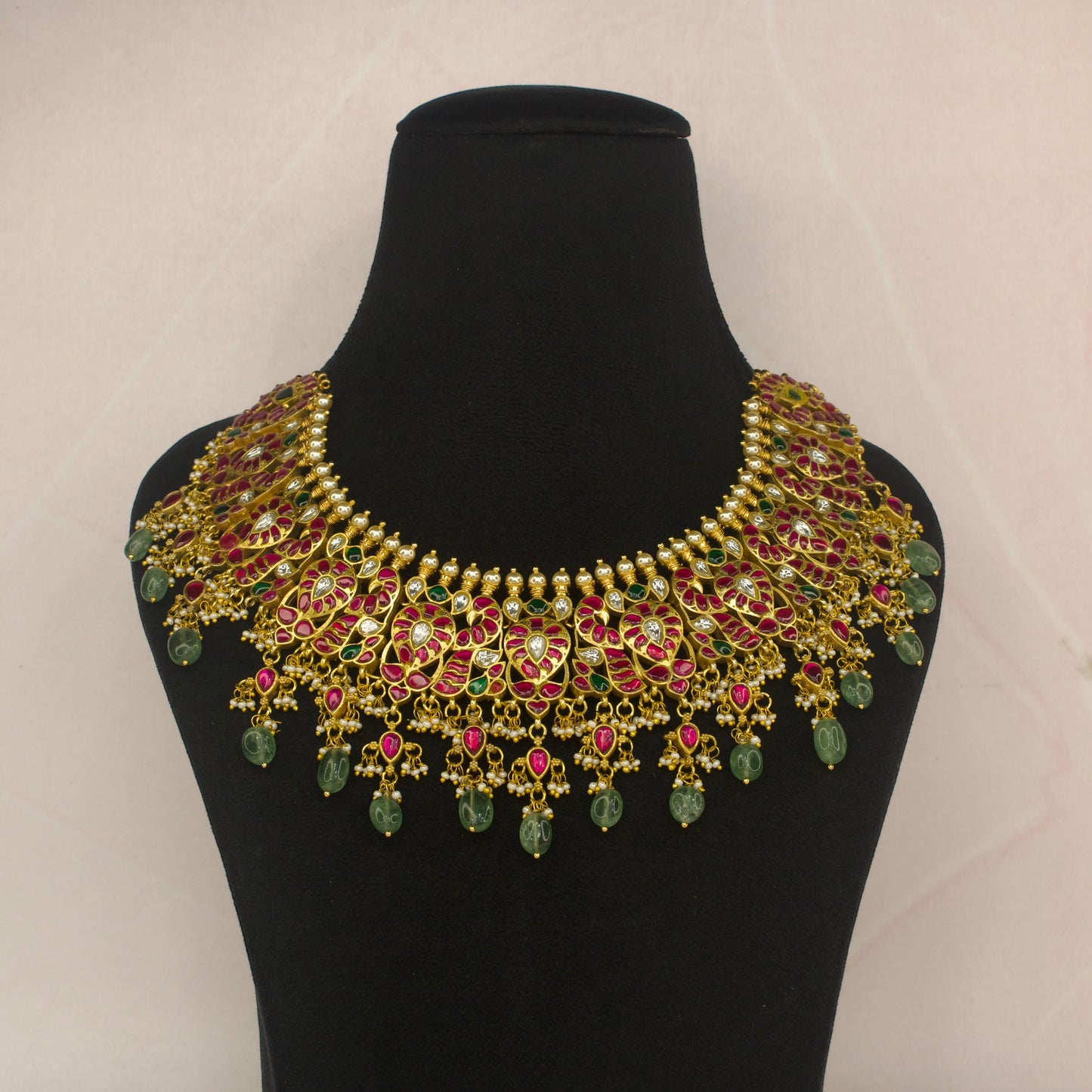 Grand bridal Jadau kundan necklace with green beads & kundan drops