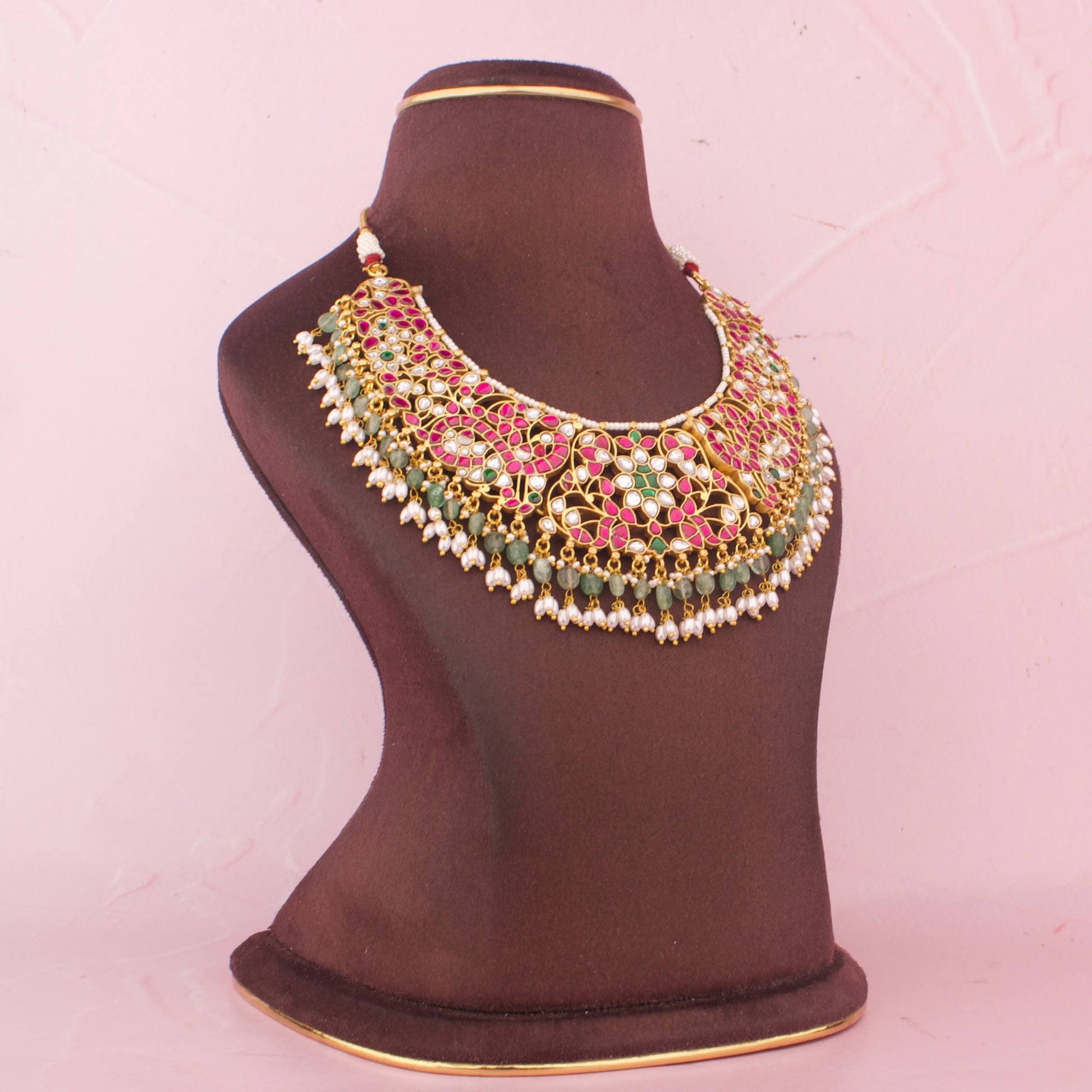 Bridal Short Jadau Kundan Necklace With Green Beads And Pearl Hangings - Alternate View 1