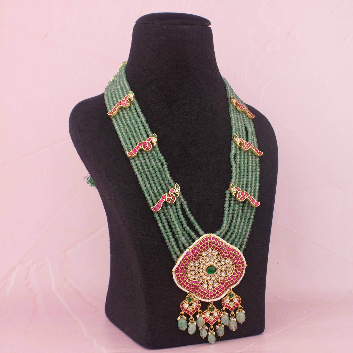 Close-Up Detail View of Bridal Jadau Kundan Beads Mala Haram With Kundna Droplets | Dulhan Jewels