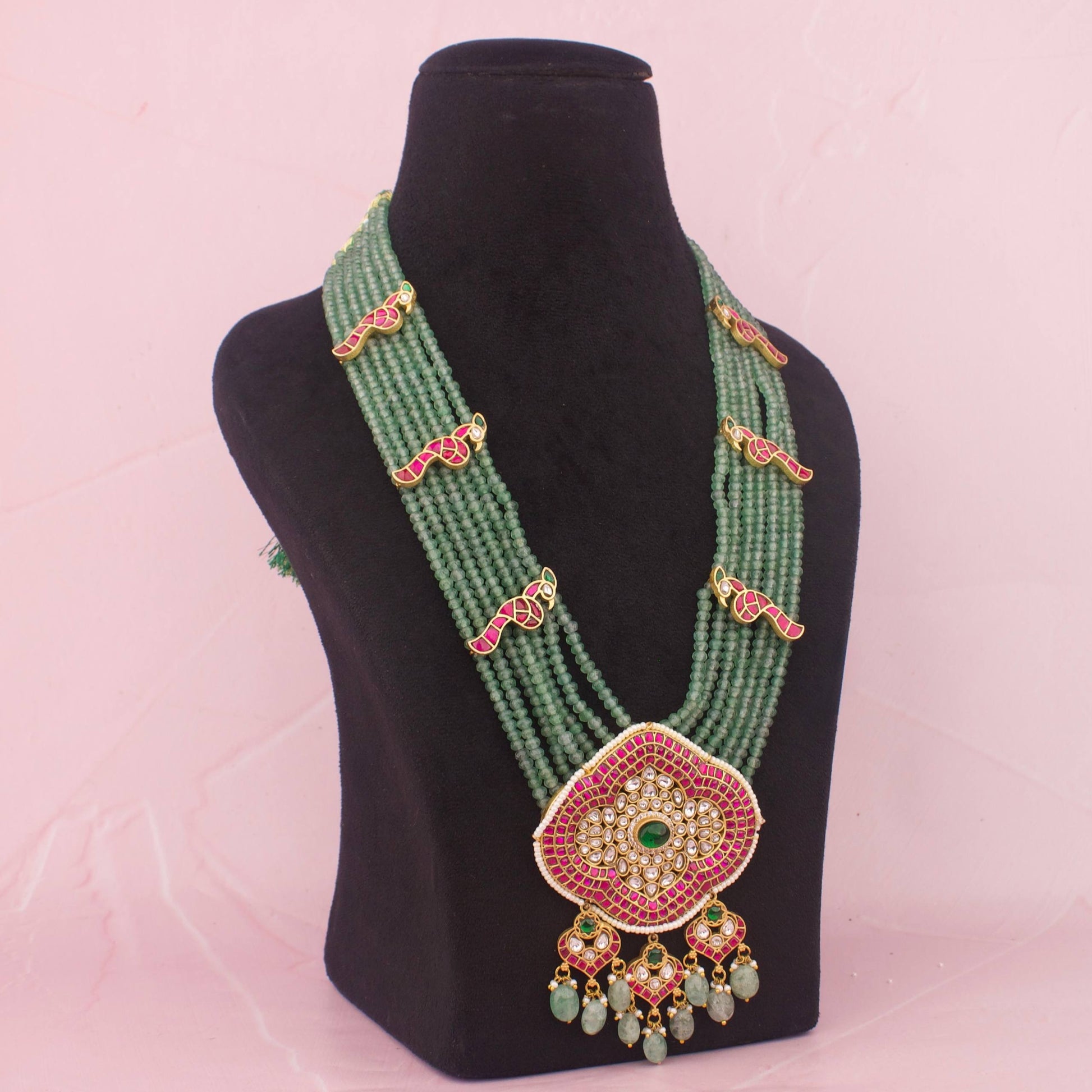 Close-Up Detail View of Bridal Jadau Kundan Beads Mala Haram With Kundna Droplets | Dulhan Jewels