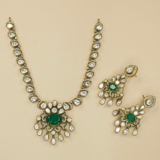 Serene Victorian Short Necklace Set with emerald stone. This Victorian Jewellery is available in a Green colour variant. 