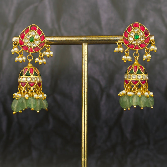 Alluring Floral Studded Jadau Kundan Jhumki Earrings With Beads Droplet