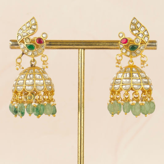 White Jadau Kundan Jhumka with Peacock Motif
