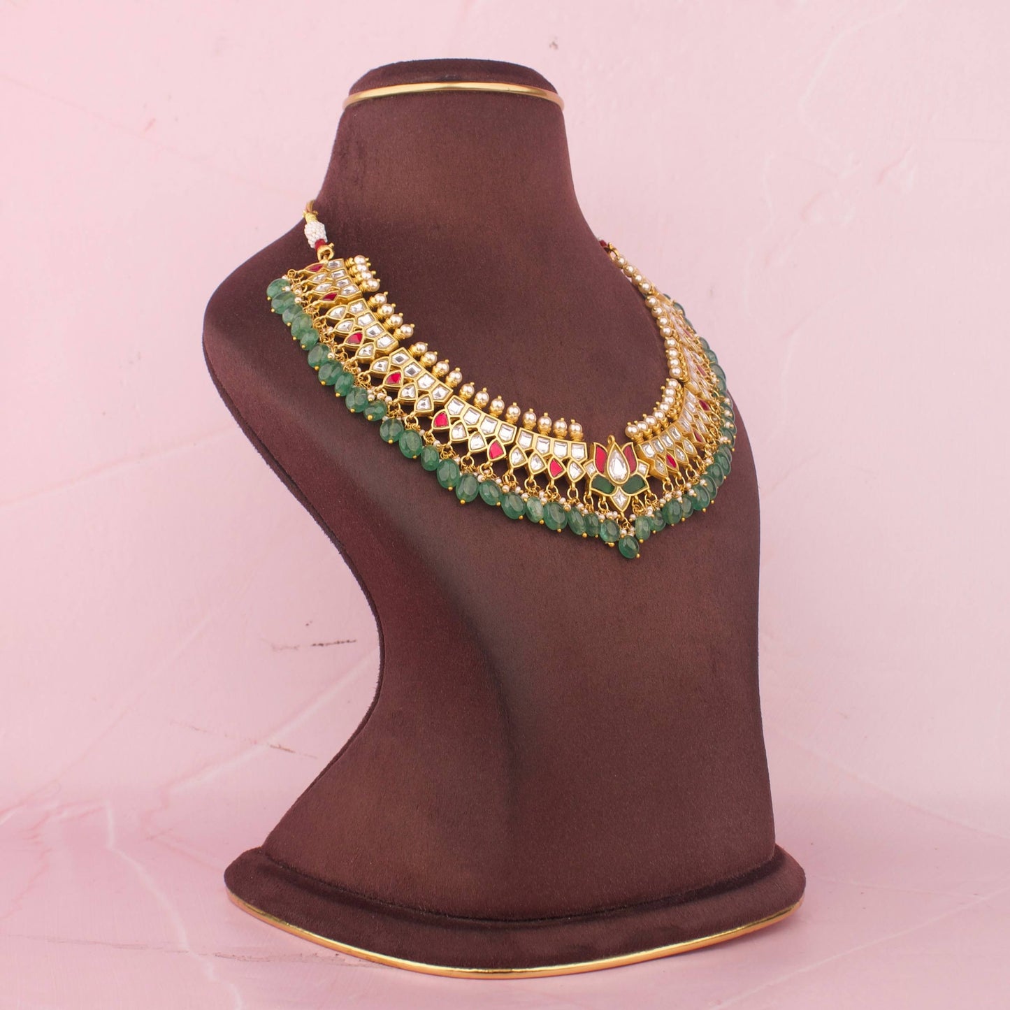 Ethnic Jadau Kundan Necklace With Green Bead Hangings
