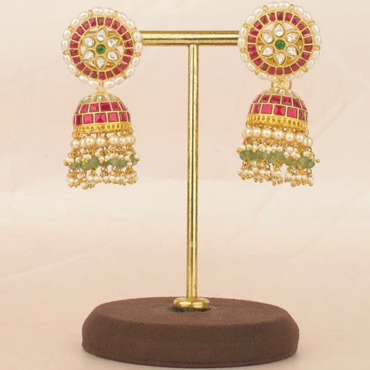 Captivating floral design studded Jadau Kundan Jhumki with Beads Hangings