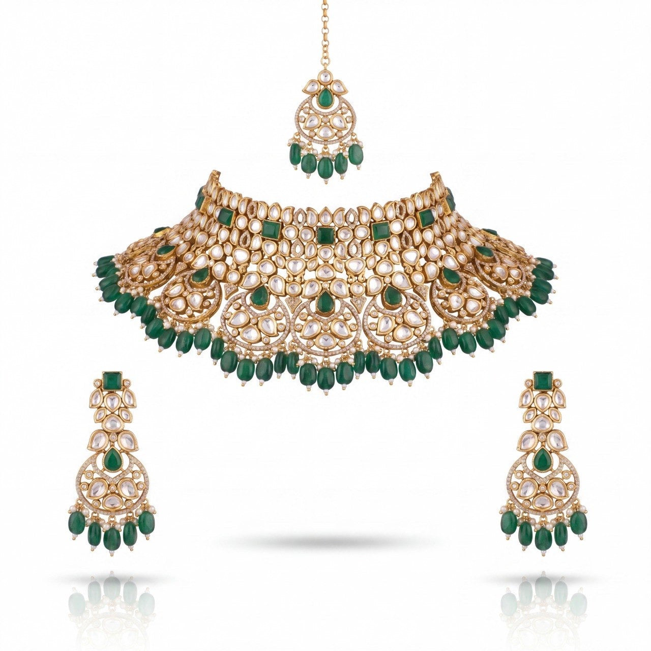 Grand Polki Choker Necklace Set With Matching Earrings & Maangtika