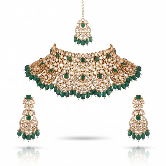 Grand Polki Choker Necklace Set With Matching Earrings & Maangtika