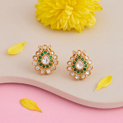 Radiant Emerald Jadau Kundan Stud Earrings - Handcrafted Indian Bridal Jewelry by Dulhan Jewels