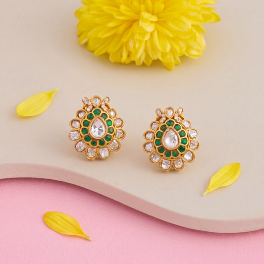 Radiant Emerald Jadau Kundan Stud Earrings - Handcrafted Indian Bridal Jewelry by Dulhan Jewels