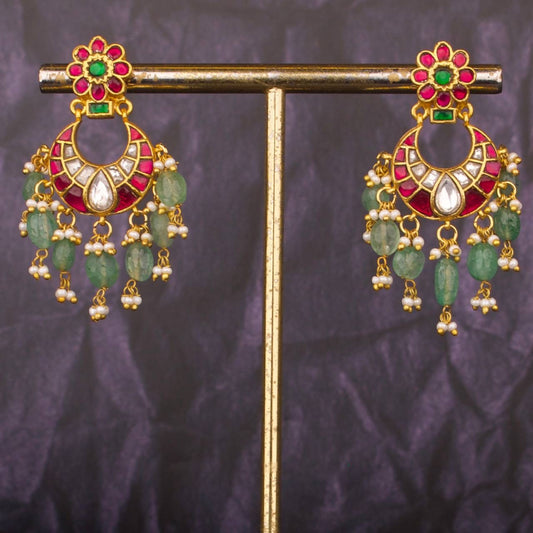 Real Gold Look Jadau Kundan Floral Studded Chandbali Earrings