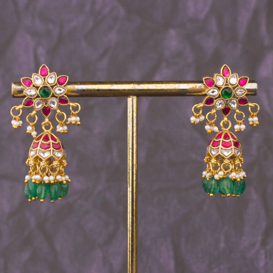 Floral Design Jadau Kundan Jhumka Earrings With Green Beads