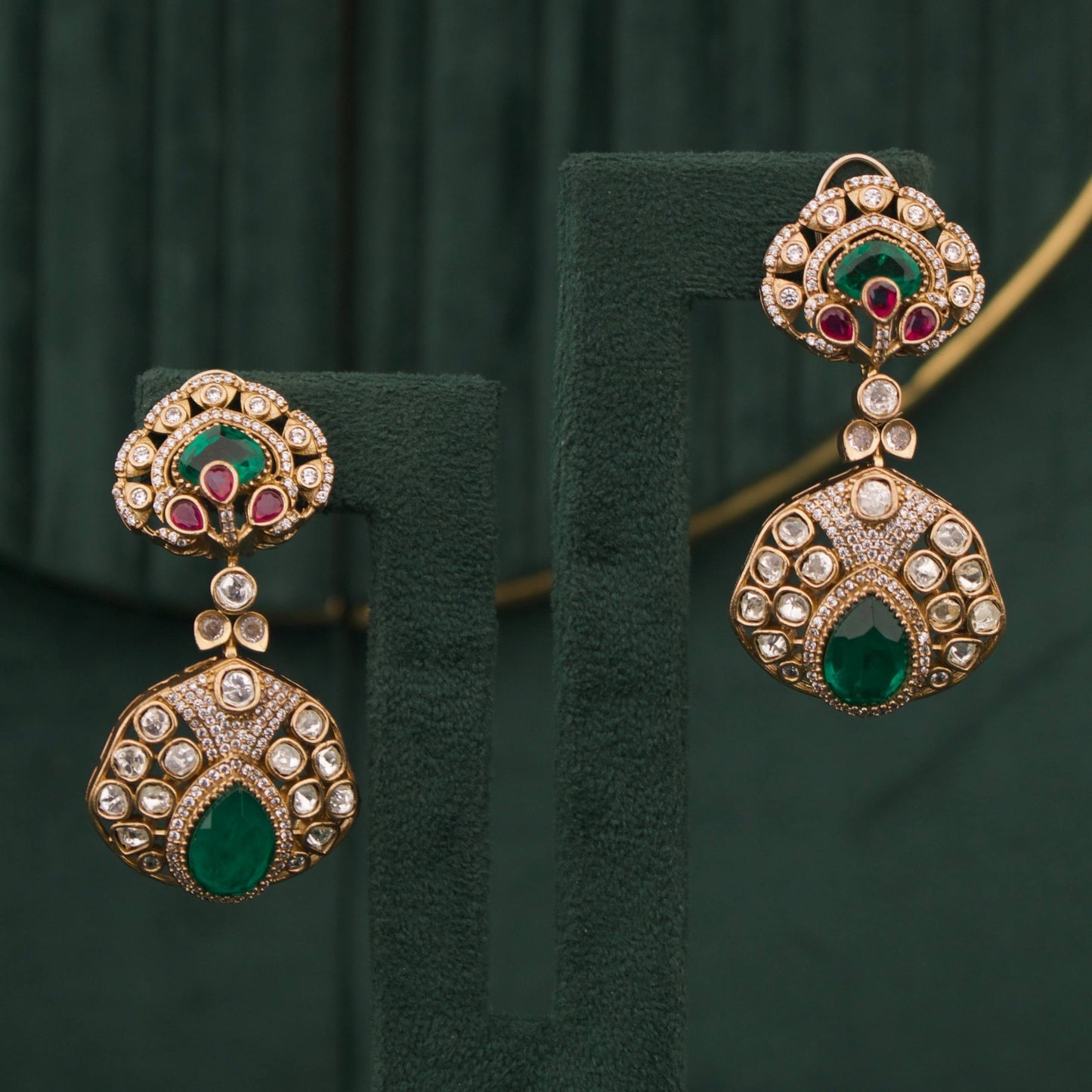 Victorian Ruby Emerald Polki Bridal Statement Necklace Set With Matching Earrings