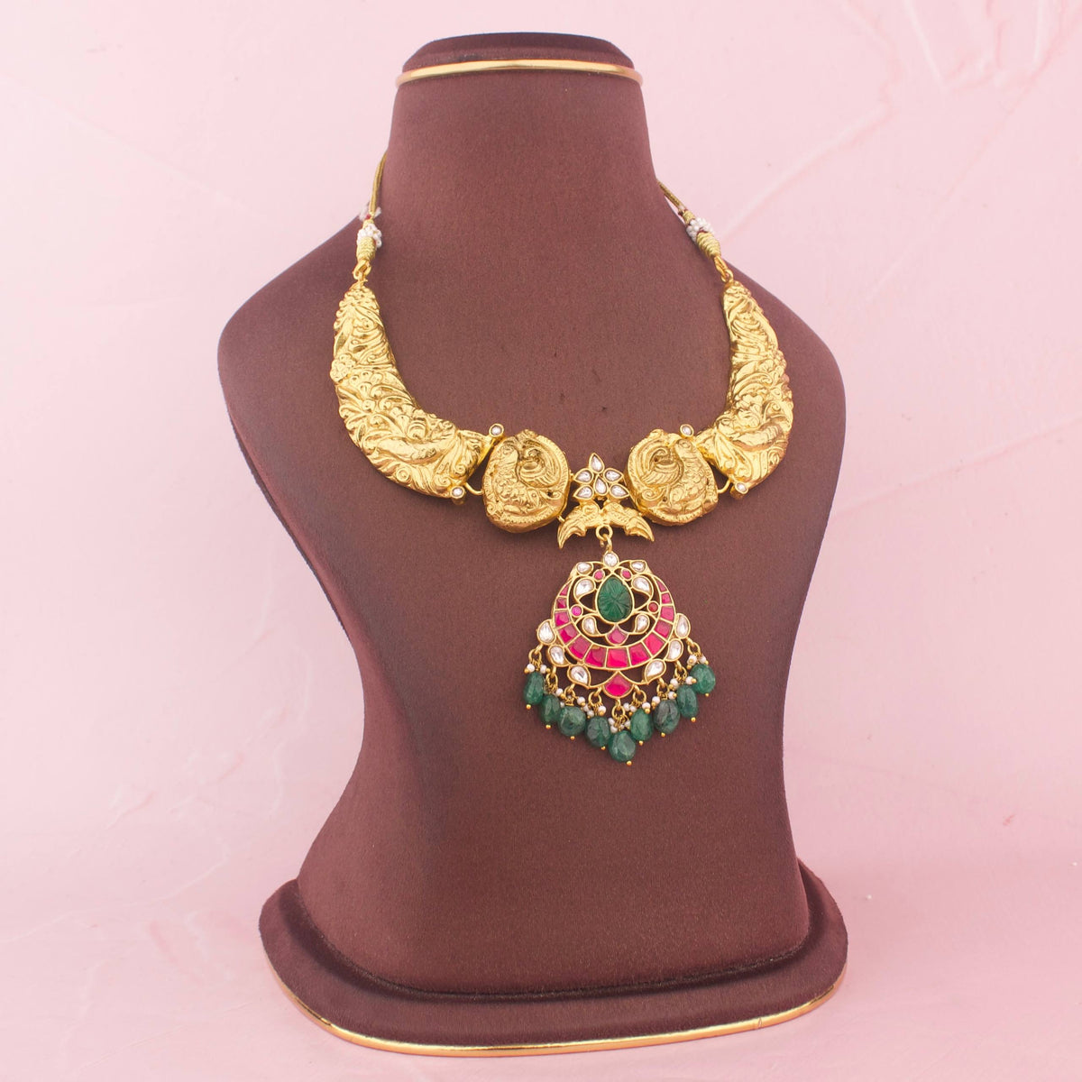 Stylish Jadau Kundan Kanti Necklace With Green Drops