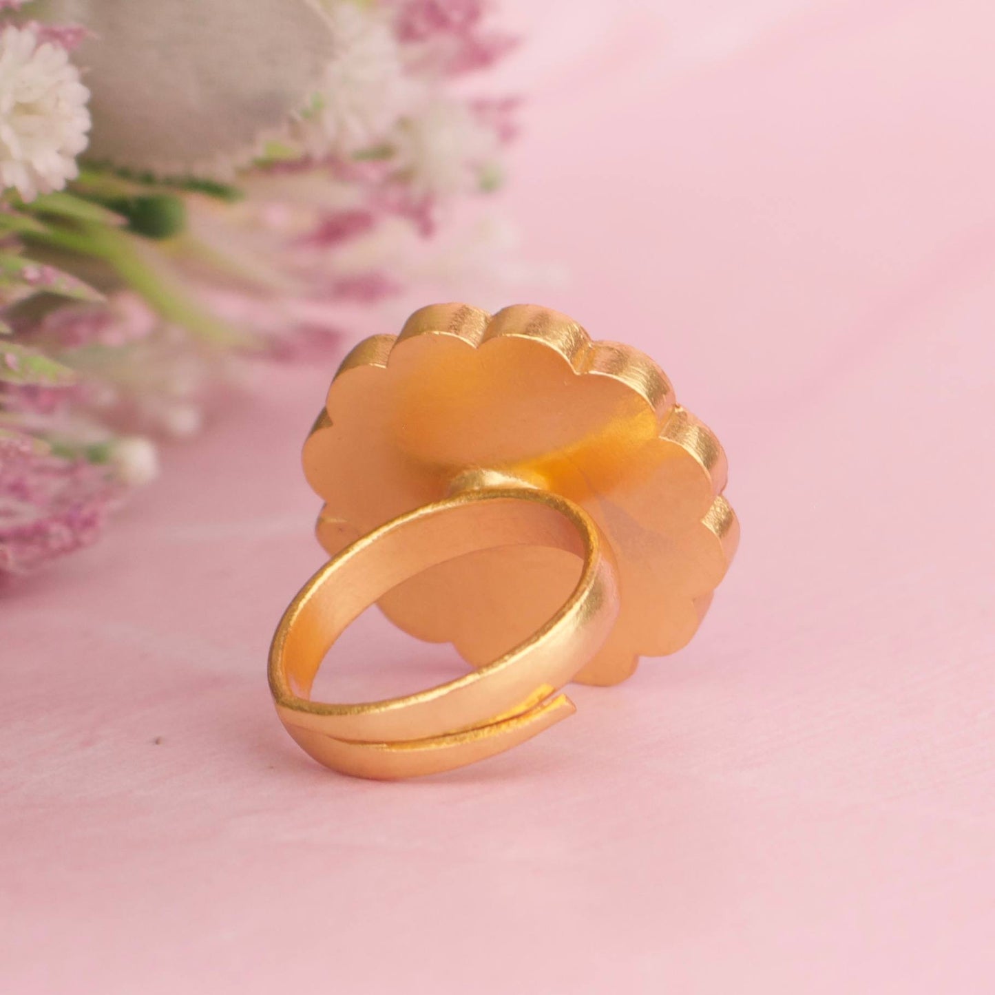 Regal Jadau Kundan Floral Ring With Green Center Stone