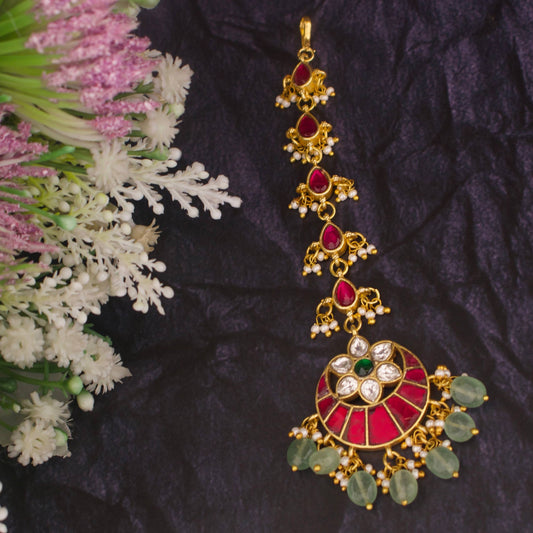 Luxury Jadau Kundan Maang Tikka In Floral Chand Design