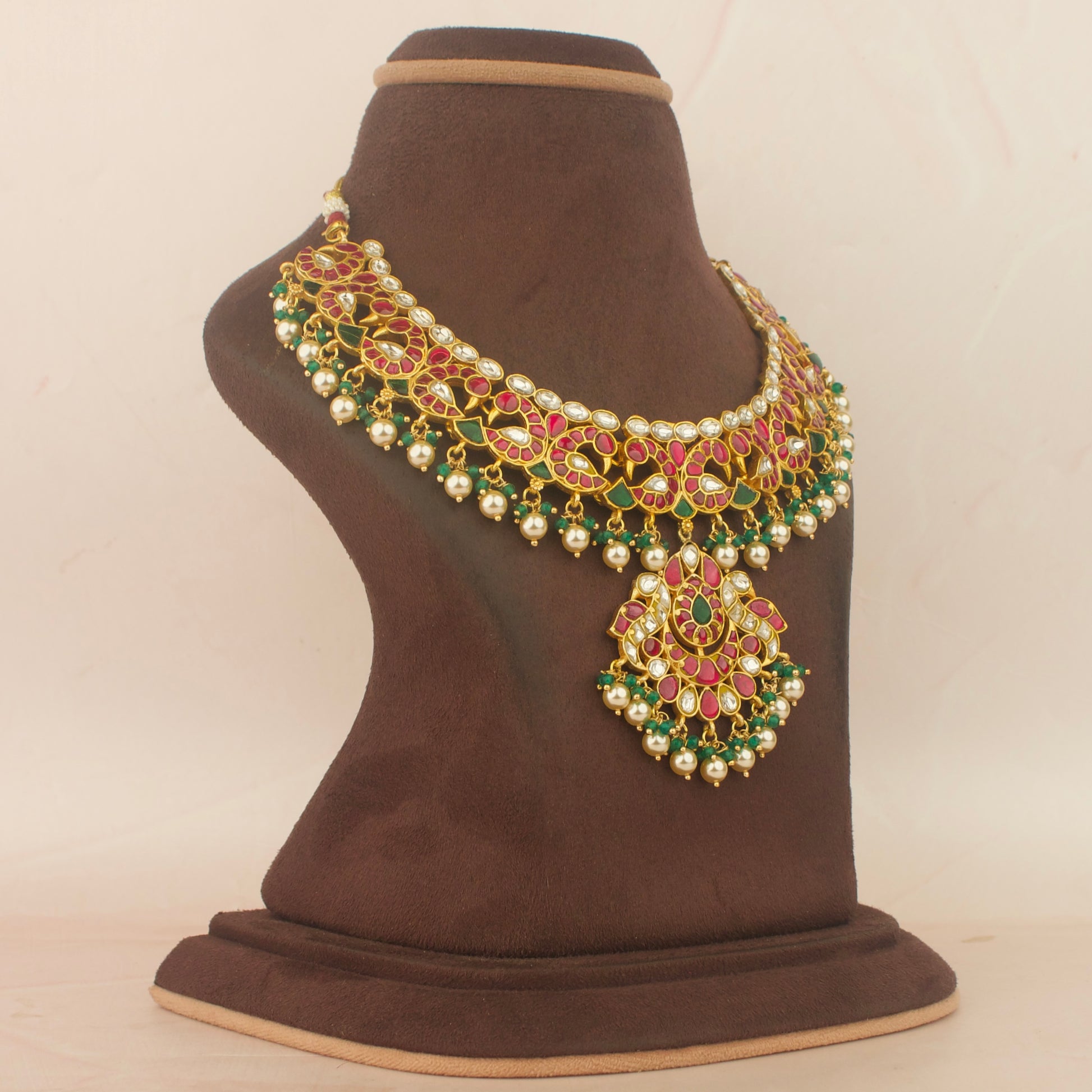 Gold Inspired Jadau Kundan Traditional Peacock Design Necklace With Swarovski Hangings