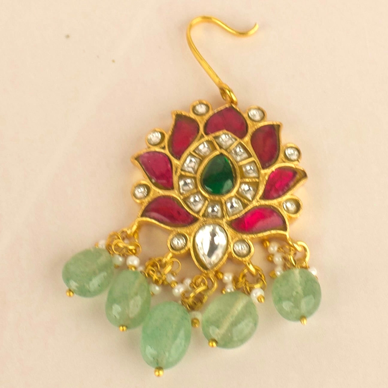 Exclusive Design Jadau Kundan Short Maang Tikka with Green Beads