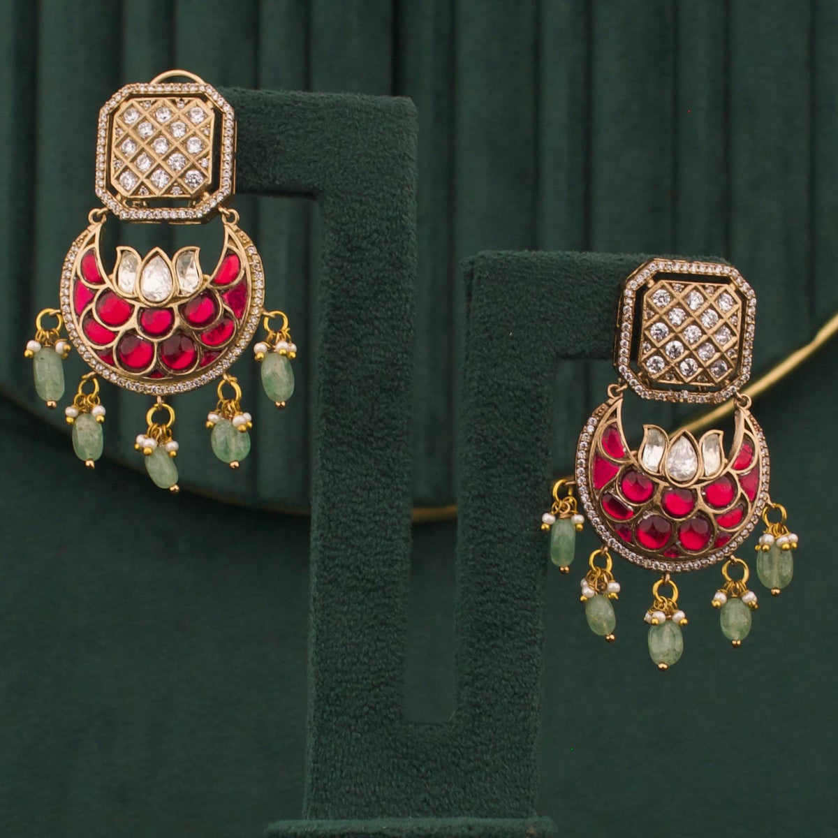 Regal Polki Mehandi Victorian Chand Bali Earrings Styling Angle View 7 - Dulhan Jewels