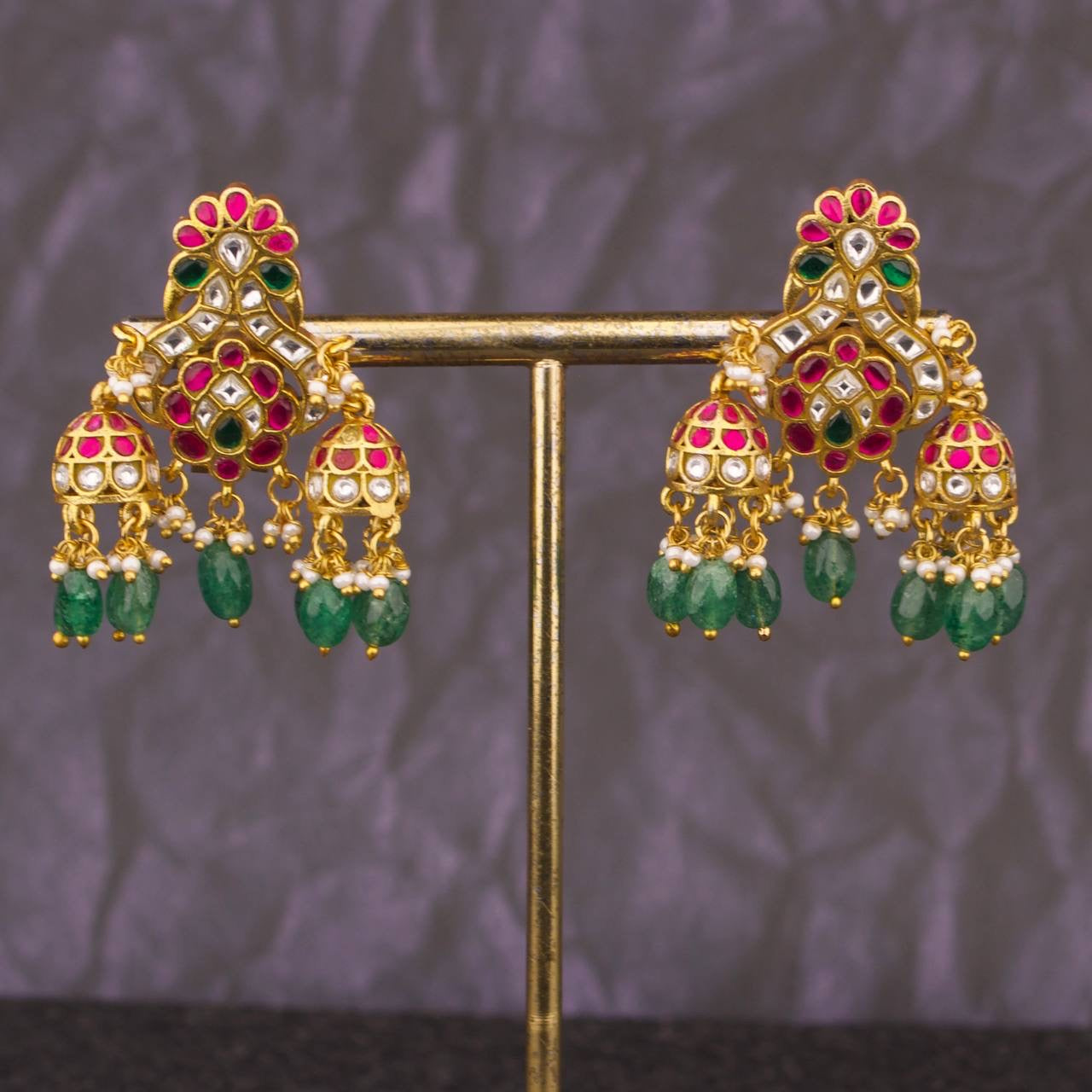 Designer Peacock Jadau Kundan Jhumki Earrings With Hangings