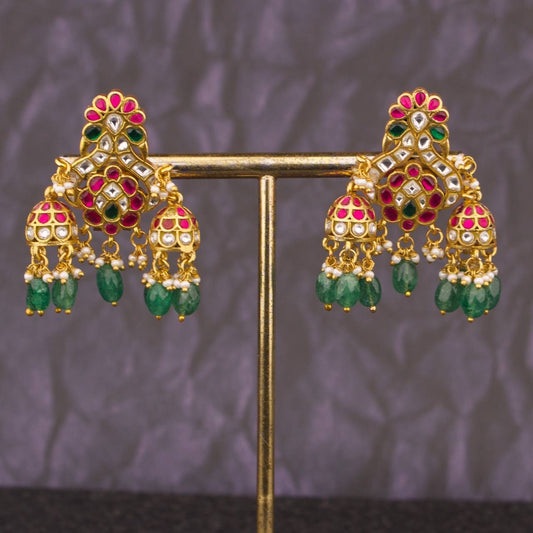 Designer Peacock Jadau Kundan Jhumki Earrings With Hangings