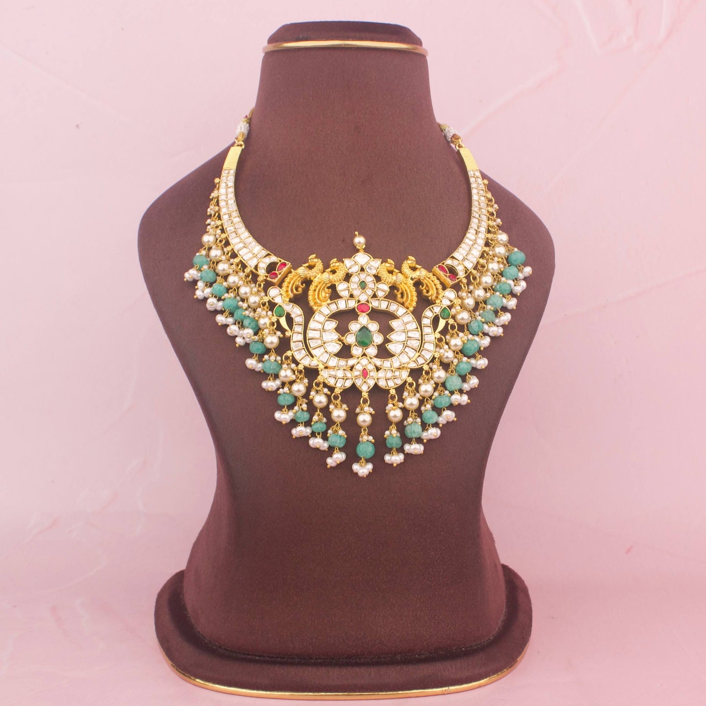 Grand Moissanite Polki Necklace With Pearl & Beads Hanging - Premium Indian Ethnic Jewelry | Dulhan Jewels