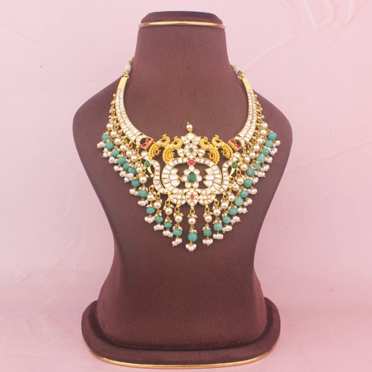 Grand Moissanite Polki Necklace With Pearl & Beads Hanging - Premium Indian Ethnic Jewelry | Dulhan Jewels