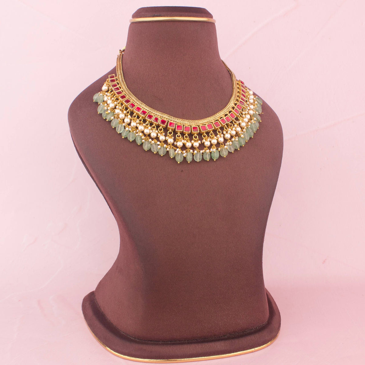 Jadau kundan Jalebi Necklace With Pearls And Green Bead Hangings Styling Angle View 4 - Dulhan Jewels