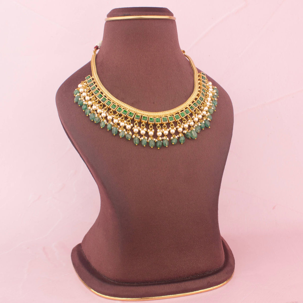 Jadau kundan Jalebi Necklace With Pearls And Green Bead Hangings Styling Angle View 6 - Dulhan Jewels