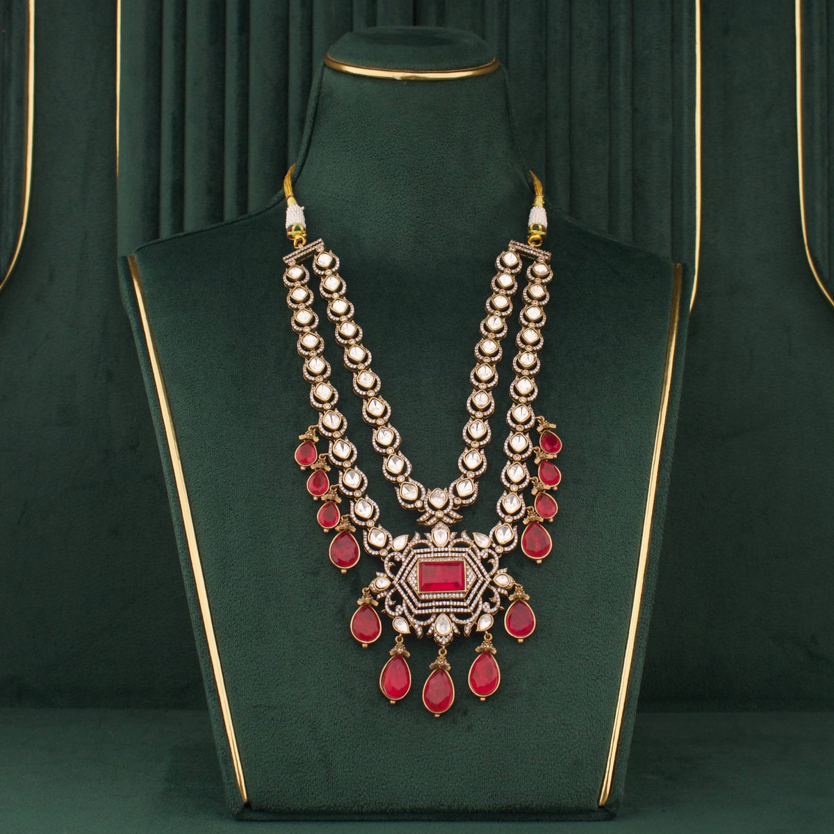 Royal Heritage Polki Jadau Kundan Layered Necklace Set With Matching Earrings Craftsmanship & Detail View - Dulhan Jewels