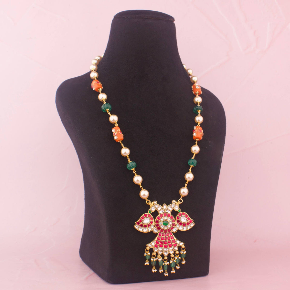 Reversible Jadau Kundan Beads Mala With Emerald Hangings