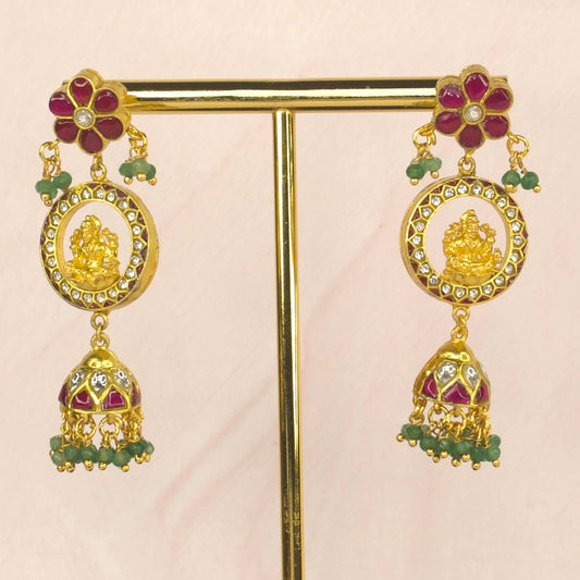 Divine Floral Jadau Kundan Jhumkas with Laxmi Devi motifs in red