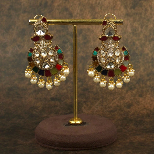 Victorian Polki and Kundan Fusion Chandbali with Pearl Accents