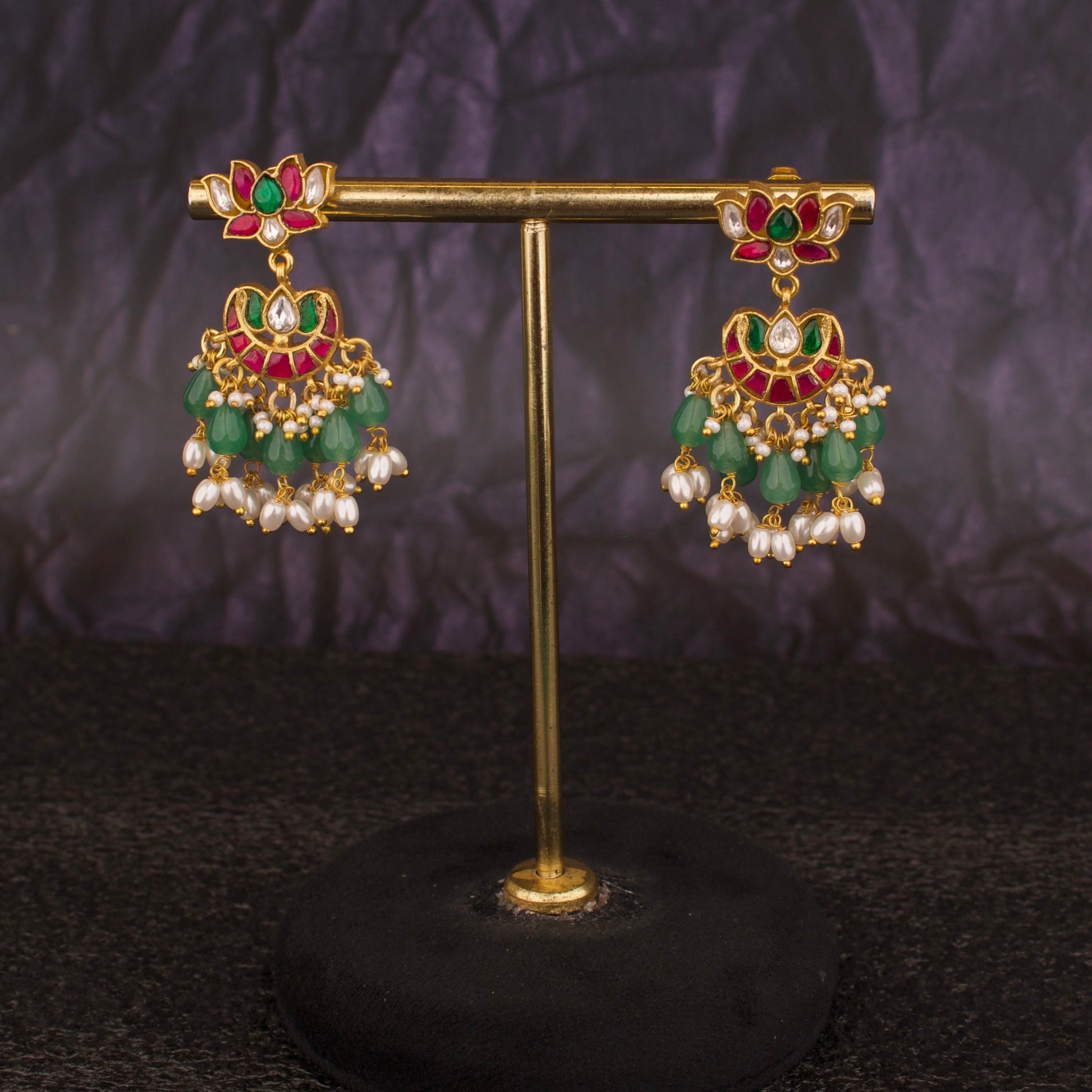 Lotus Studded Chandbali Hanging Earrings