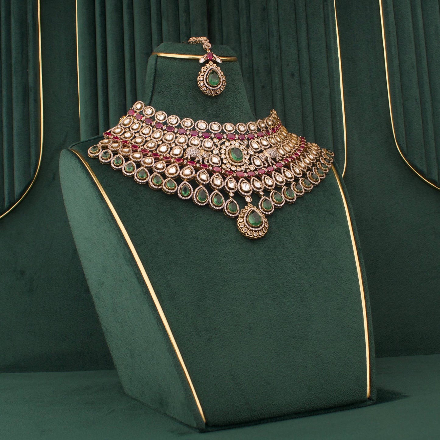 Bridal Victorian Polki Choker Set With Matching Earrings & Maangtika