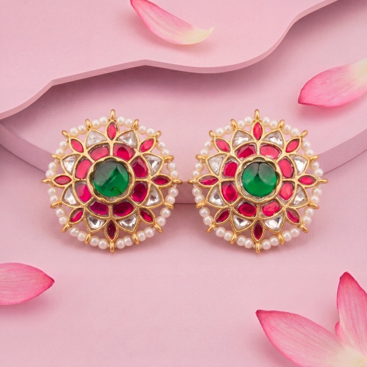 Elegant Jadau Kundan Studs With Pearl Detailing