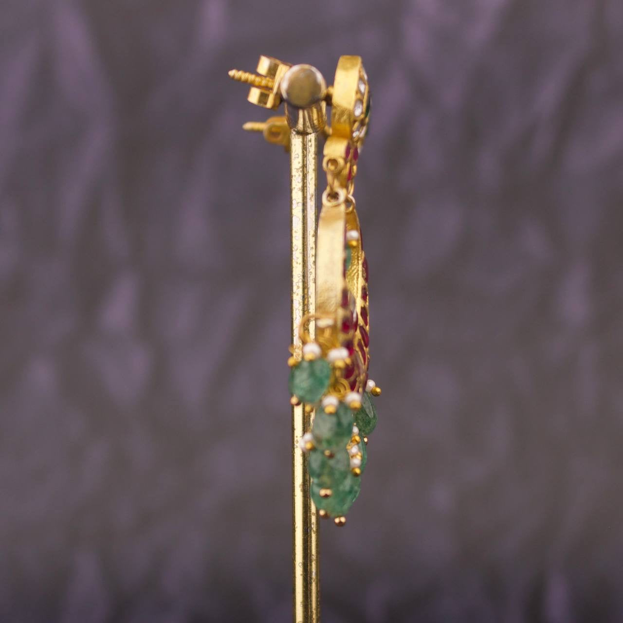 Regal Jadau Kundan Chandbali Earrings With Green Beads