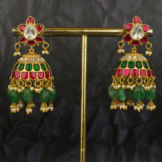 Opulent Design Studded Jadau Kundan Jhumki with Green Beads