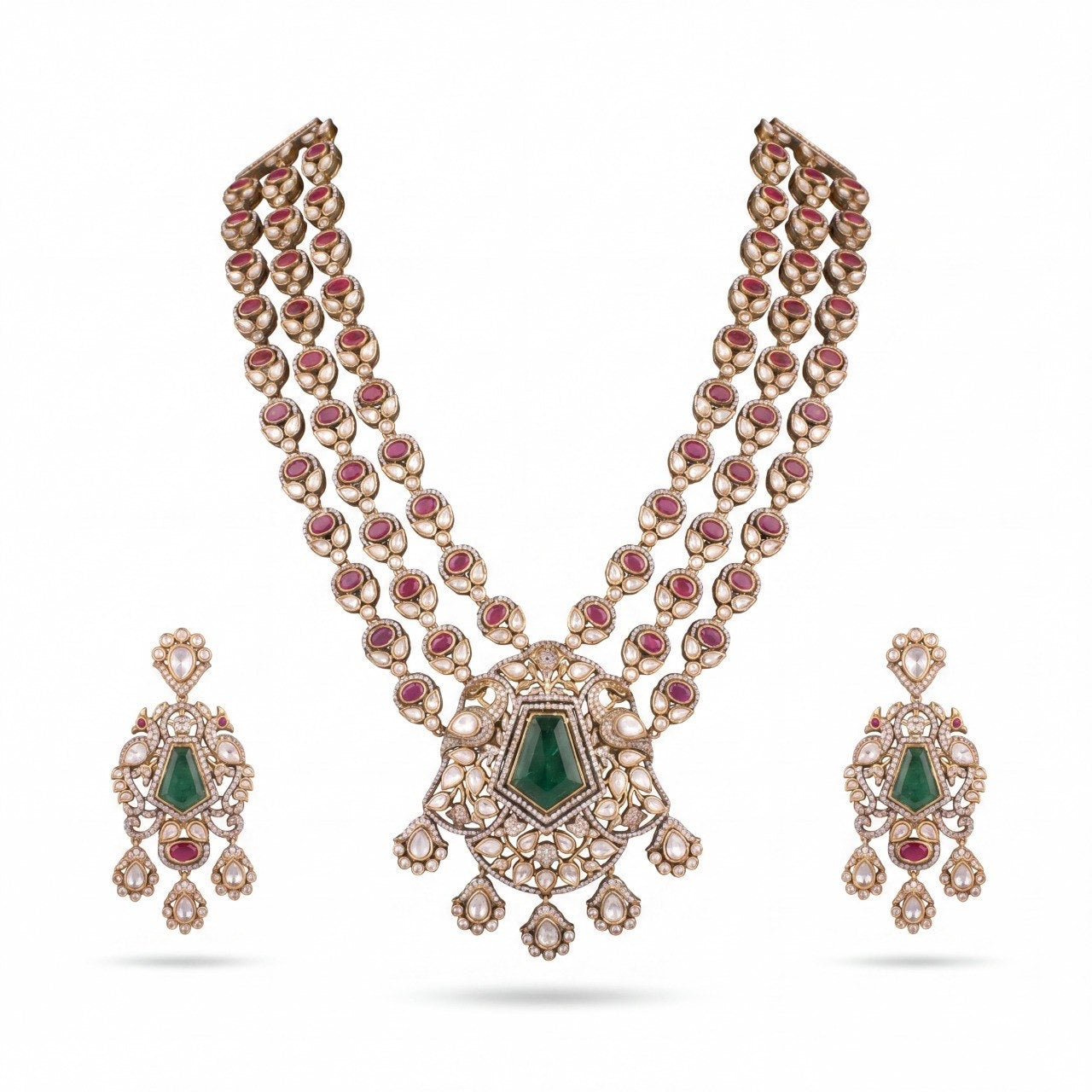 Regal Victorian Necklace Set with Emerald Pendant And Matching Earrings