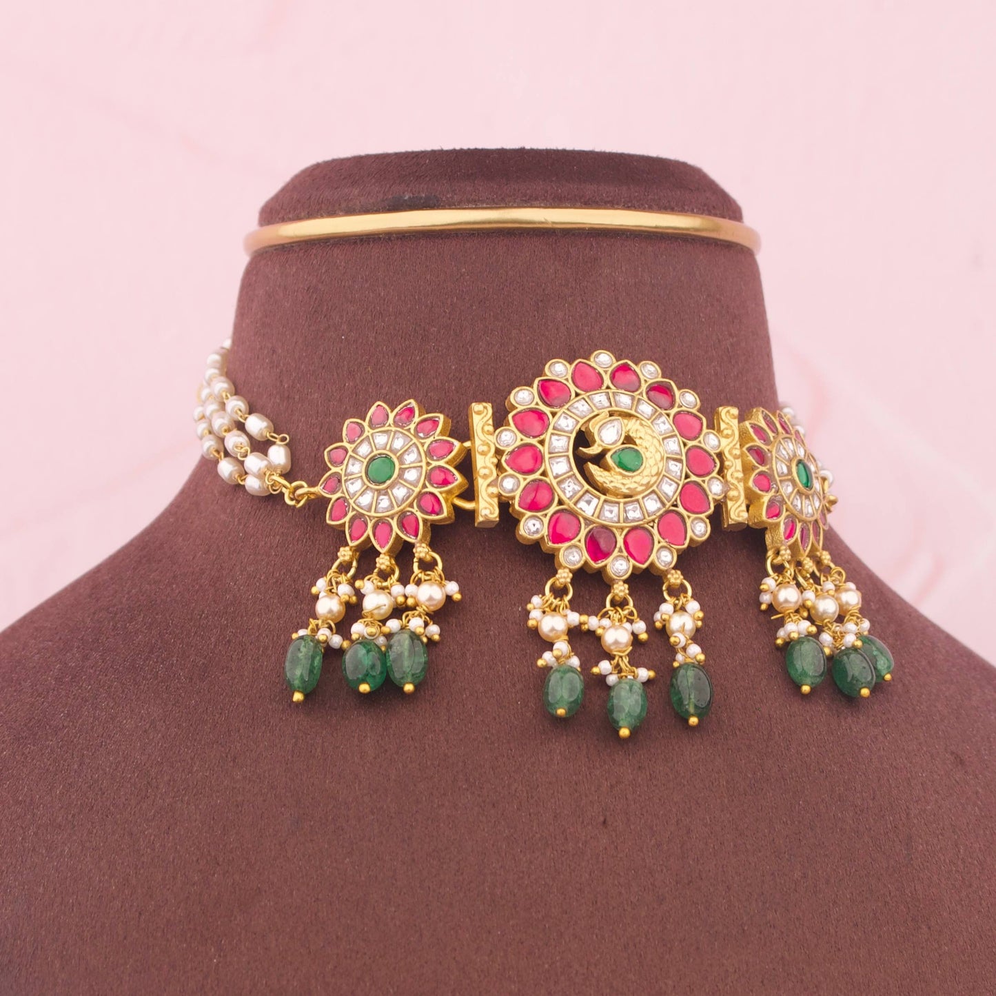 Exquisite Jadau Kundan Choker Green Bead Drops
