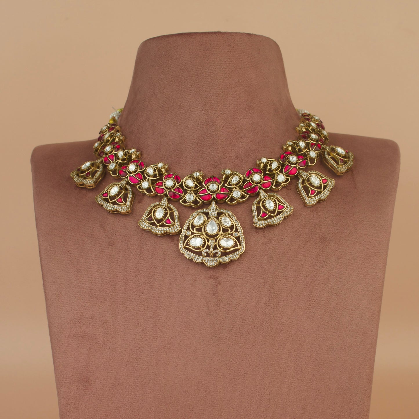 Regal Bells: Victorian Polki Necklace Set with Intricate Detailing