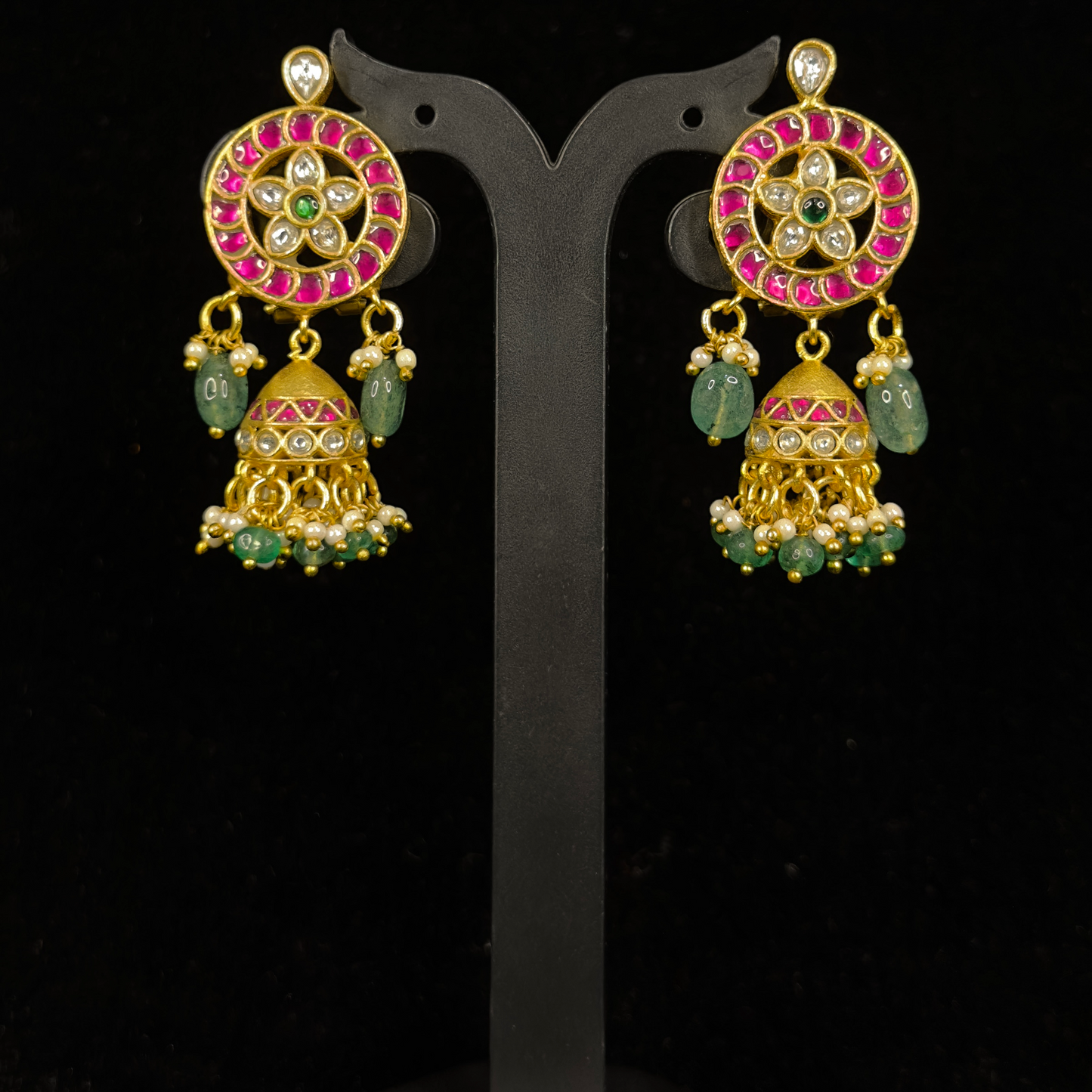 Radiant Ruby and Emerald Jadau Kundan Jhumka