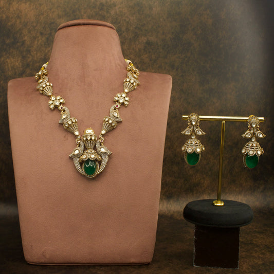 Peacock Victorian Necklace Set with oval-cut green & pink stones