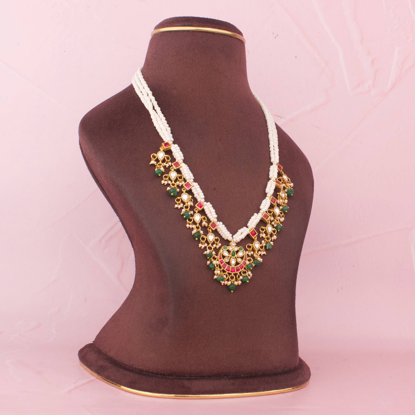 Traditional Jadau Kundan Necklace with Pearls And Green Drops