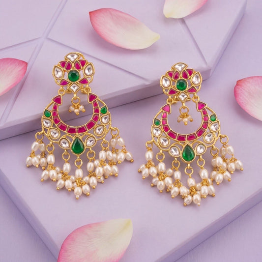 Elite Jadau Kundan Chandbali Earrings With Pearl Dangling Drops