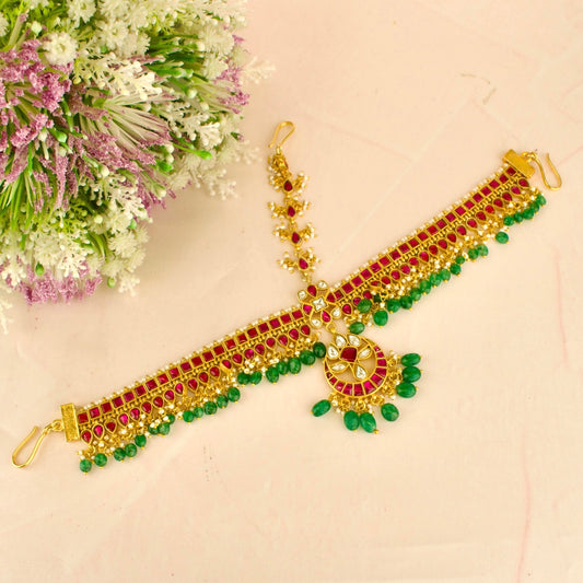 Bridal Chandbali Design Jadau Kundan Mate pati with Green Beads
