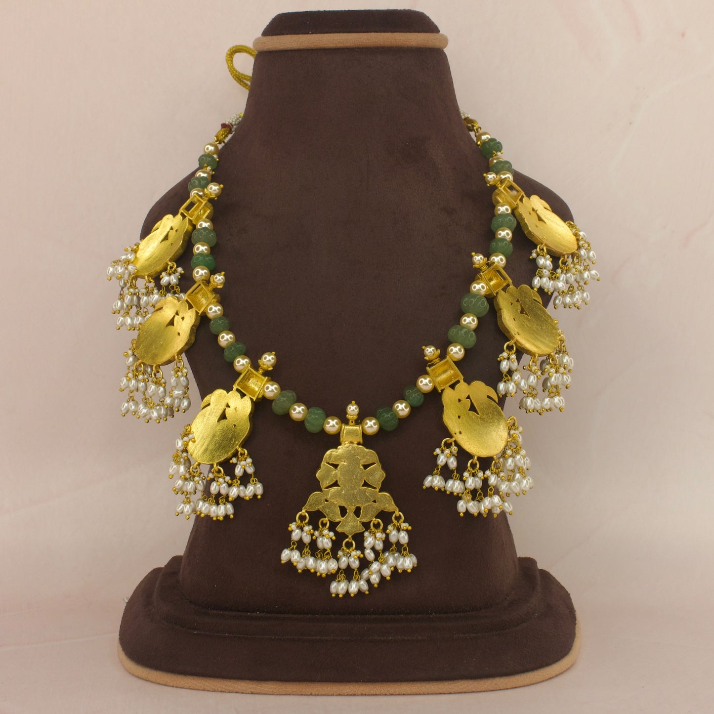 Green beads and pearl jadau kundan necklace with 22k gold plating