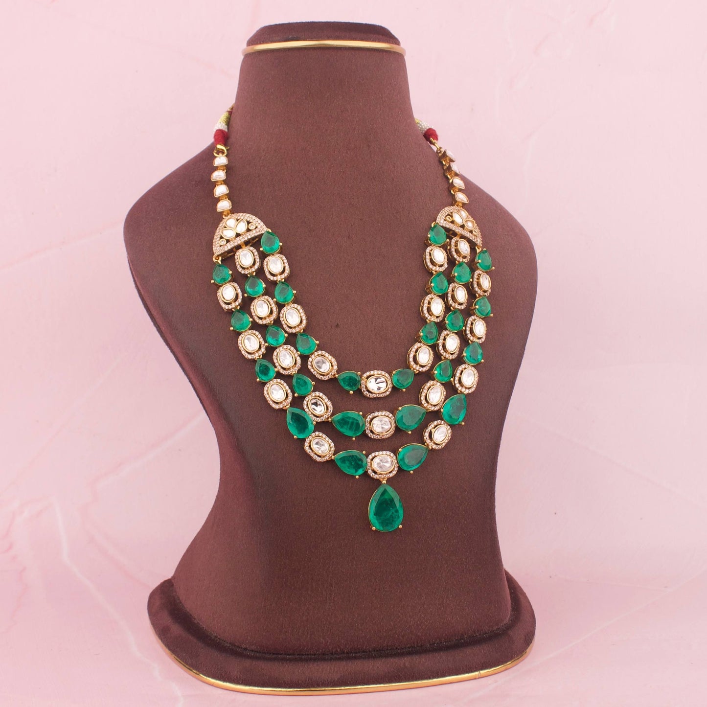 Designer Moissanite Polki Necklace Set With Emerald Stone Highlights