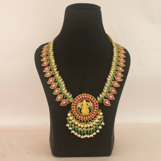 Divine jadau kundan ganesha mango haram necklace pink stones and pearls