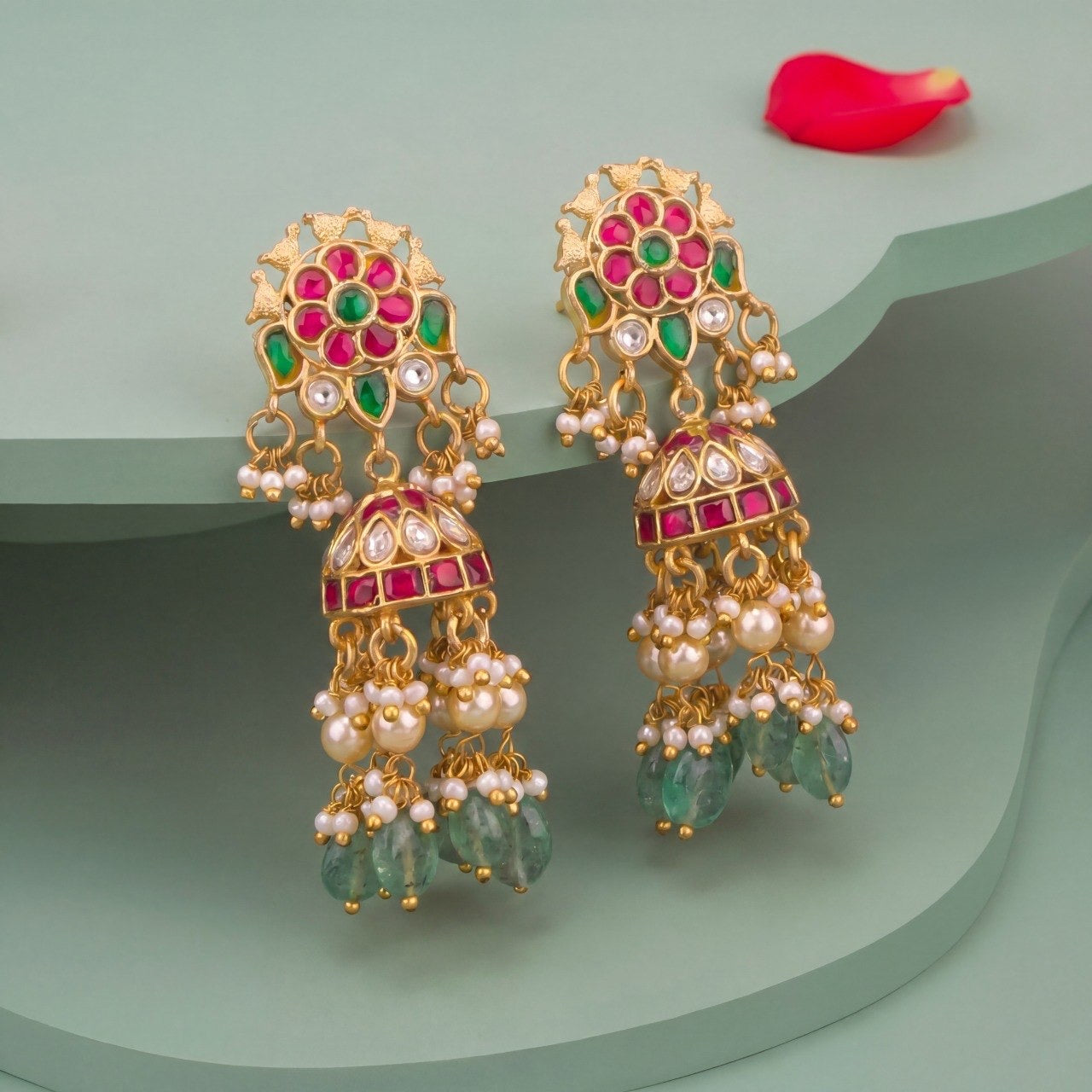 Impressive Floral Design Studded Jadau Kundan Jhumki With Green beads
