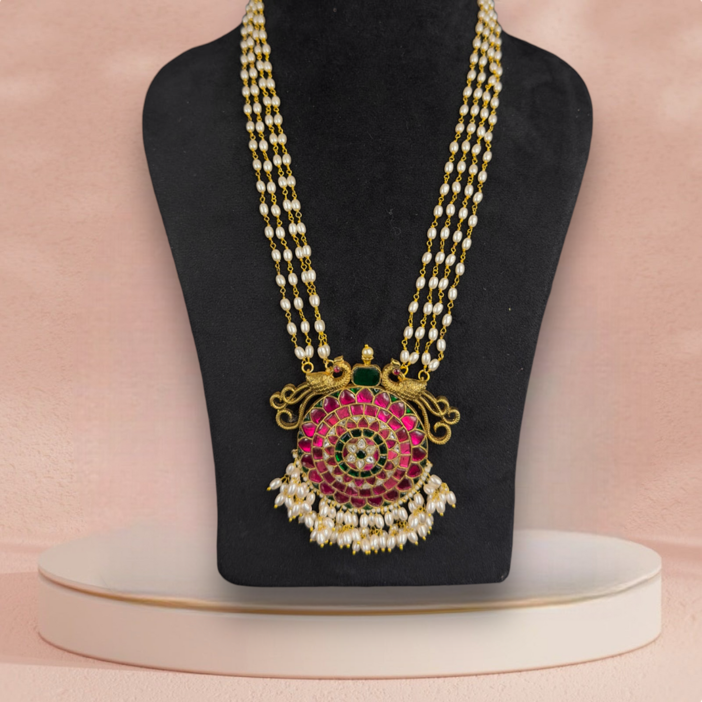 Gold Plated Jadau Kundan Necklace with rice pearls